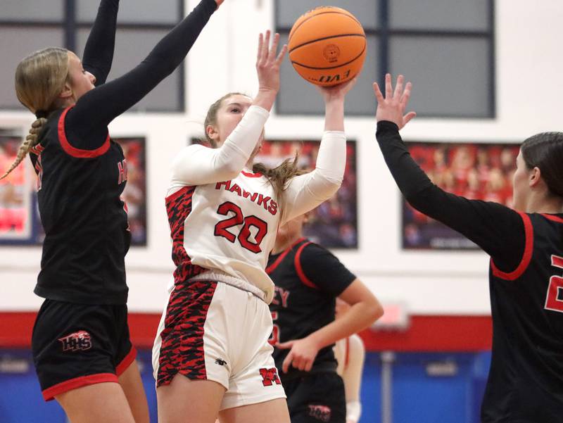 Maine South’s Ally Pape works under the hoop against Huntley in Komaromy Holiday Classic varsity girls basketball championship game action on Monday, Dec. 30, 2024, at Dundee-Crown High School in Carpentersville.