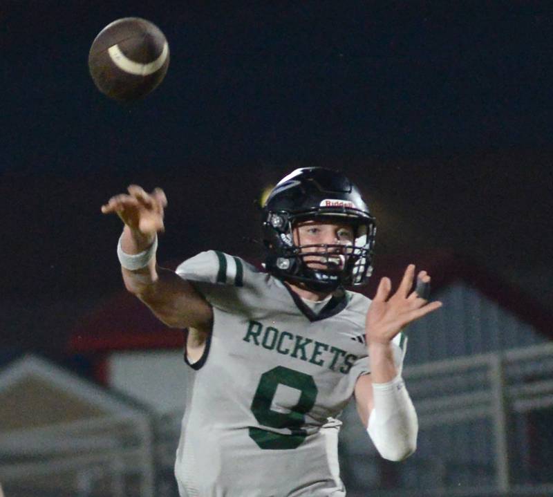 Rock Falls quarterback Connor Fritz throws a pass against Oregon on Friday, Sept. 19, 2025 at Landers-Loomis Field in Oregon.