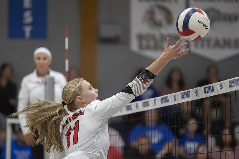 Erie-Prophetstown’s Lauren Abbott plays the ball over the net against Newman Tuesday, Oct. 14, 2025.