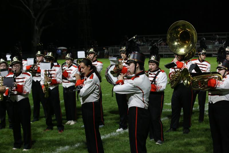 The Hall marching band plays at halftime on Friday, Sept. 29, 2023 at Richard Nesti Stadium.