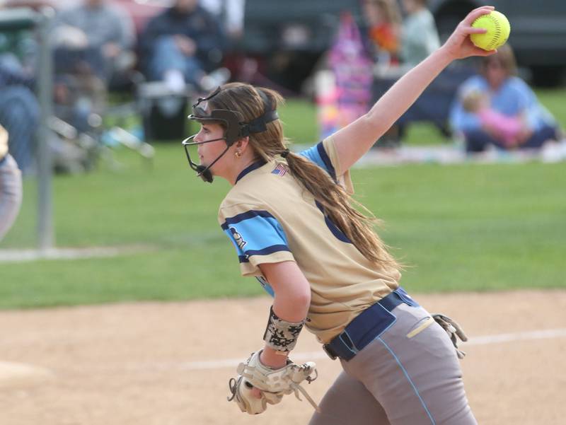 Marquette's Maisie Lyons fires a pitch to St. Bede on Monday, April 22, 2024 at St. Bede Academy.