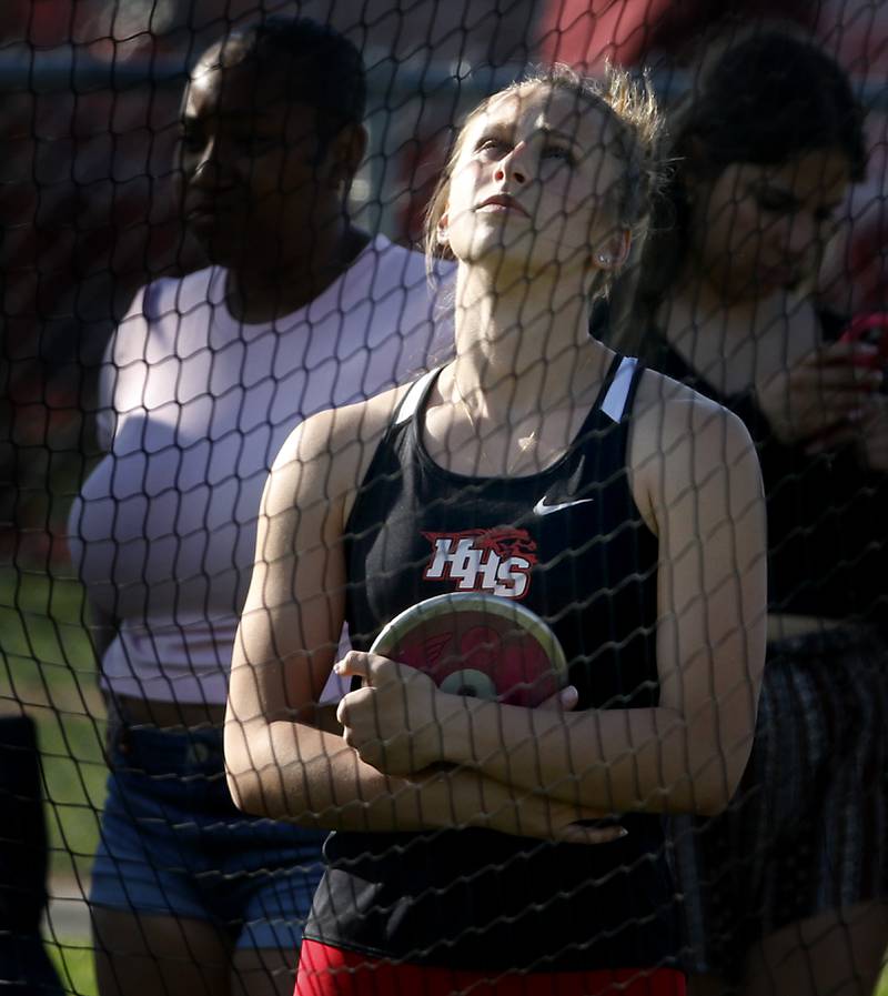 Huntley’s Sienna Robertson prepares to throw  the discus during the Huntley IHSA Class 3A Girls Sectional Track and Field Meet on Wednesday, May 8, 2024, at Huntley High School.