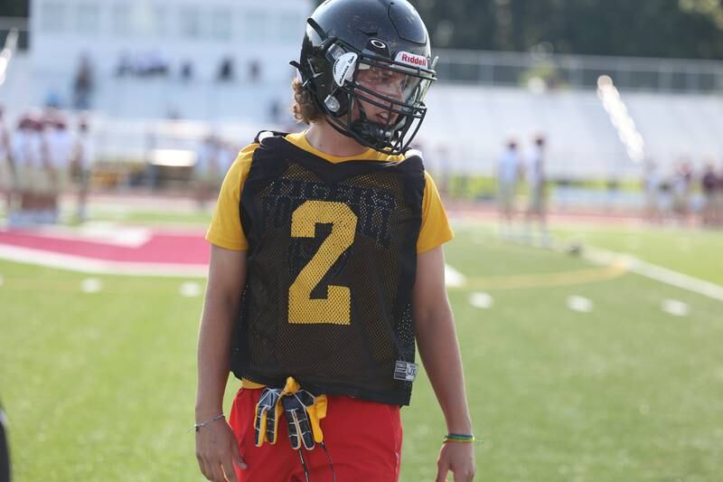 Joliet West safety Jarett Delrose goes over drills with his squad at the Morris 7 on 7 scrimmage. Tuesday, July 19, 2022 in Morris.