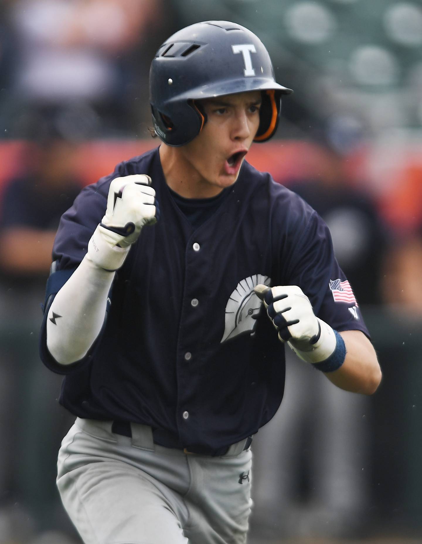 Cary-Grove’s Ricky Barnes celebrates after driving home a run during the sixth inning of the Class 3A state baseball semifinal against Benet Academy at Slammers Stadium on Friday, June 13, 2025 in Joliet.