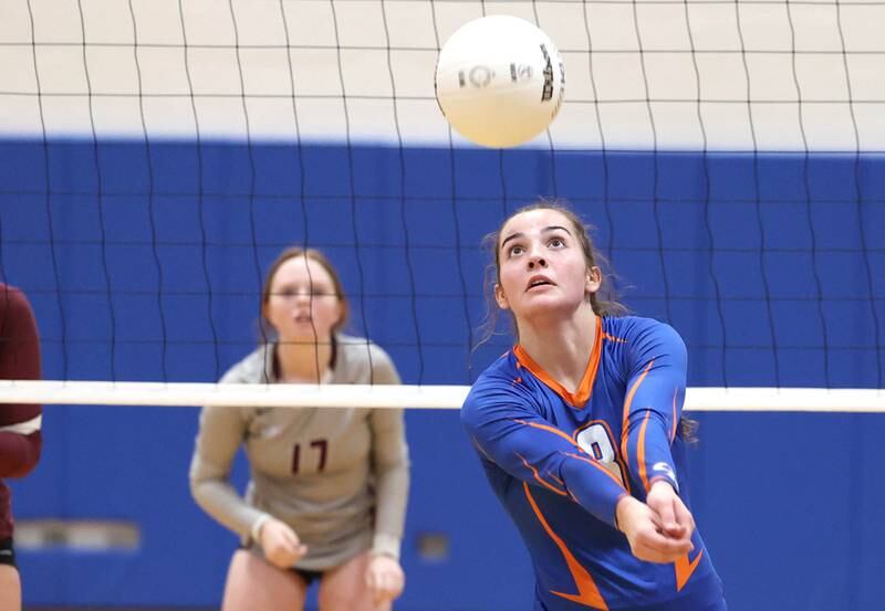 Genoa-Kingston's Alivia Keegan bumps the ball Thursday, Oct. 27, 2022, during their Class 2A Regional final match against Marengo at Rosary High School in Aurora.