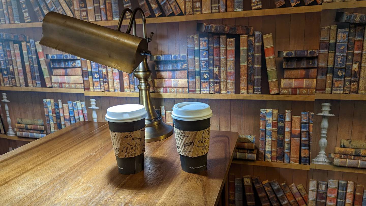 Two cups of coffee are seen inside Jitters coffeehouse in downtown Joliet on Friday, May 19, 2023.