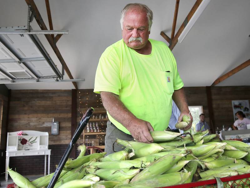 Rob Wessels, owner of Wessels’ Family Farm, checks out the sweet corn Thursday, July, 18, 2024, at the market in DeKalb.