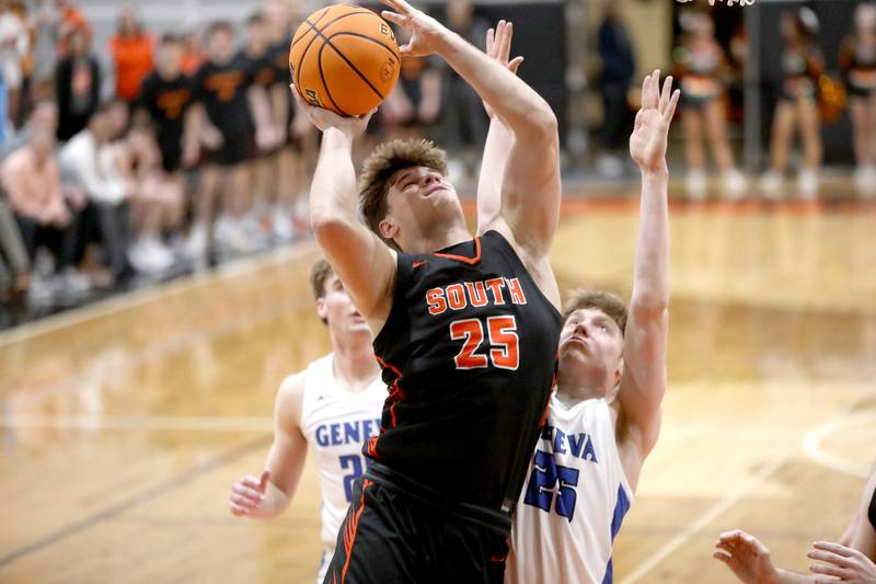 Wheaton Warrenville South's Brady Goken gets the ball to the basket during a Class 4A St. Charles East Sectional semifinal against Geneva on Wednesday, March 5, 2025 in St. Charles.