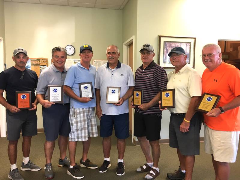 The 2022 edition of the Richard J. Berry Streator Men's Senior Tournament was contested at Anderson Fields. Awardees included (from left to right): Jim Shiflet (third ages 50-59), Tony Muscato (first 60-69), Dave Strenzel (second 60-69), Mike Myers (third 60-69), Gerry Crouch (first 70-and-up), Ron Ramza (second 70-and-up) and Randy Carlson (third 70-and-up). Not pictured are Rick Krumscheid (first 50-59) and Larry Keith (second 50-59).