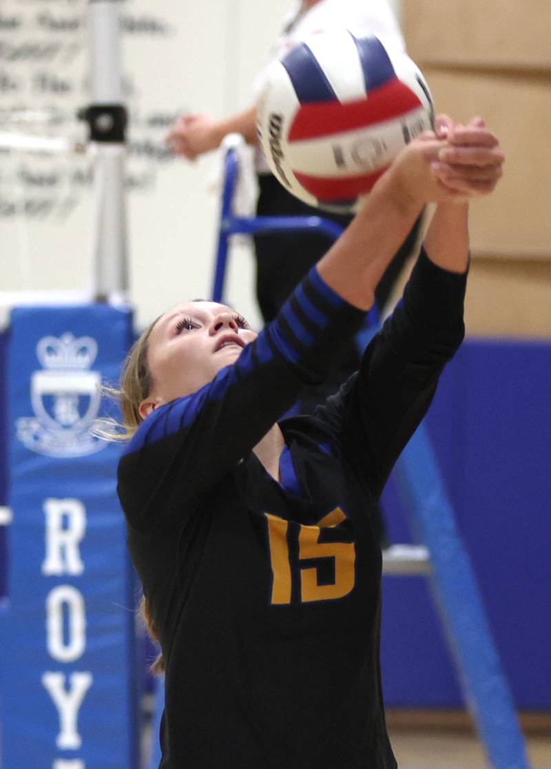 Somonauk's Josie Rader gets to a ball during their match Thursday, Sept. 15, 2022, at Hinckley-Big Rock High School.