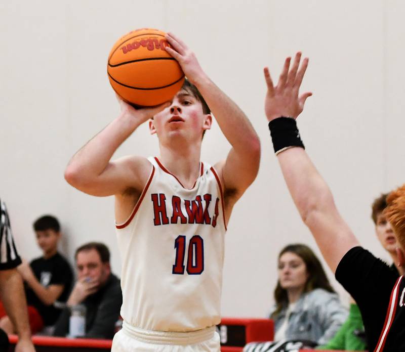 Oregon's Keaton Salsbury shoots against Forreston on Tuesday, Feb. 17, 2026 at the Blackhawk Center in Oregon.