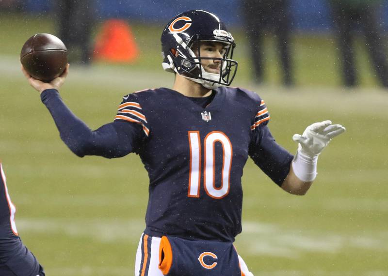 Chicago Bears quarterback Mitchell Trubisky (10) fires a pass late in the first half during their game against the Green Bay Packers Sunday at Soldier Field in Chicago.