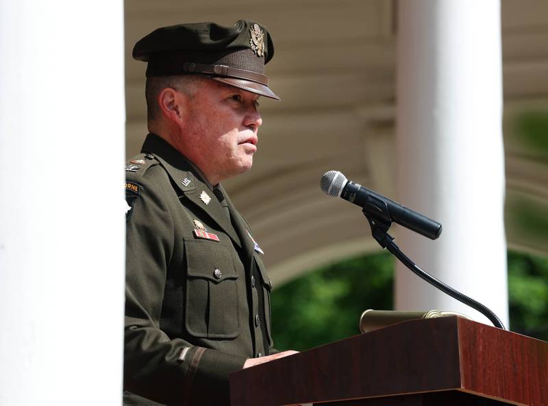 Keynote speaker Joe Jaques, retired Army National Guard colonel, orates Monday, May 26, 2025, during the Memorial Day ceremony at Ellwood House in DeKalb.
