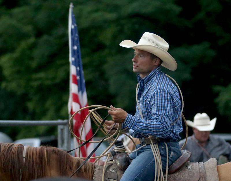 Dave Corcoran of Earlville, gets ready to compete in the Tie-down Roping during the Broken Horn Rodeo at the La Salle County 4-H Show and Junior Fair on Friday, July 14, 2023 in Ottawa.