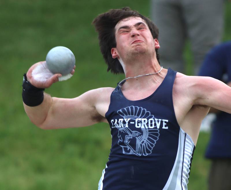 Cary-Grove’s Logan Abrams competes in the shot put  in Fox Valley Conference boys track and field meet action at Huntley High School in Huntley on Thursday, May 15, 2025.