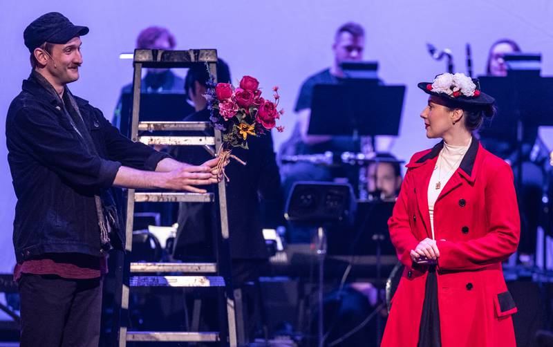 Staged concert of "Mary Poppins" through March 9, 2025 at Metropolis in Arlington Heights. Bert and Mary Poppins.