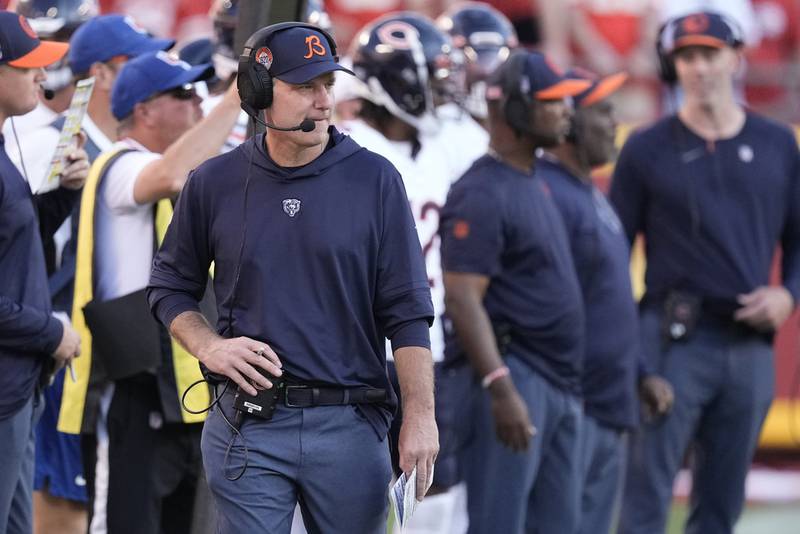 Chicago Bears head coach Matt Eberflus watches from the sidelines during the second half against the Kansas City Chiefs Sunday, Sept. 24, 2023, in Kansas City, Mo.