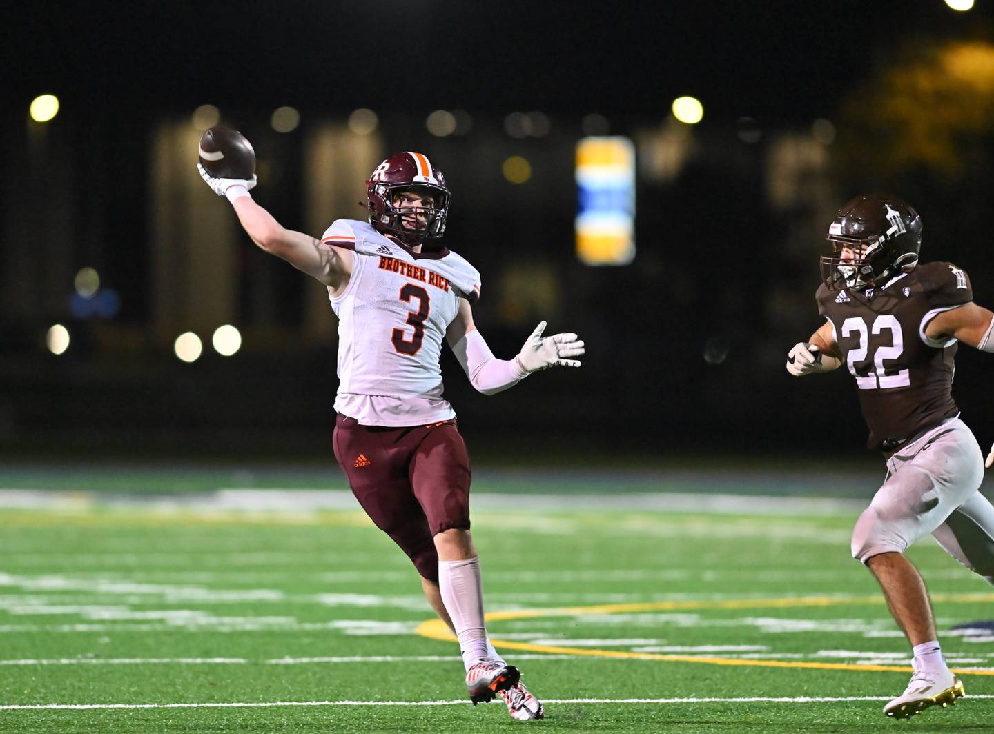 Brother Rice's Martin O’Keeffe (3) throws a pass on Friday, Oct. 07, 2022, at Joliet Memorial Stadium. (Dean Reid for Shaw Media)
