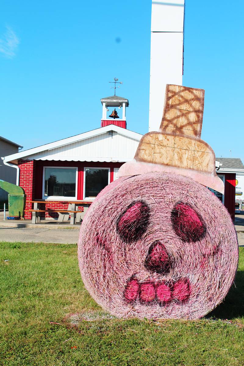 Scream for ice cream: The Country School restaurant, which has ice cream on its menu, created a scary looking upside-down ice cream cone with its bale. The bale was part of the 2025 Hay Bale Trail in Rochelle throughout October.