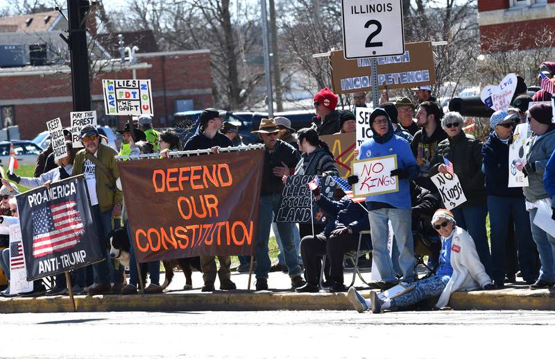 Protestors displayed a wide variety of signs and attire during the No Kings rally on Saturday, March 28, 2026, in downtown Oregon, Illinois.