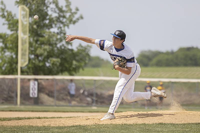 Burlington Central’s Chase Powrozek fires a pitch against Sterling during a class 3A regional final in Rochelle Saturday, May 27, 2023.