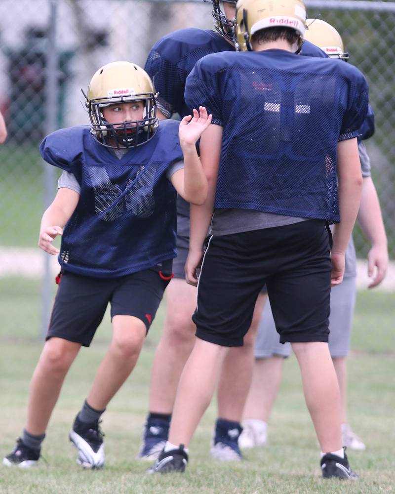 Hiawatha offensive and defensive linemen work through a drill during practice Wednesday, August 9, 2023, at the school in Kirkland.