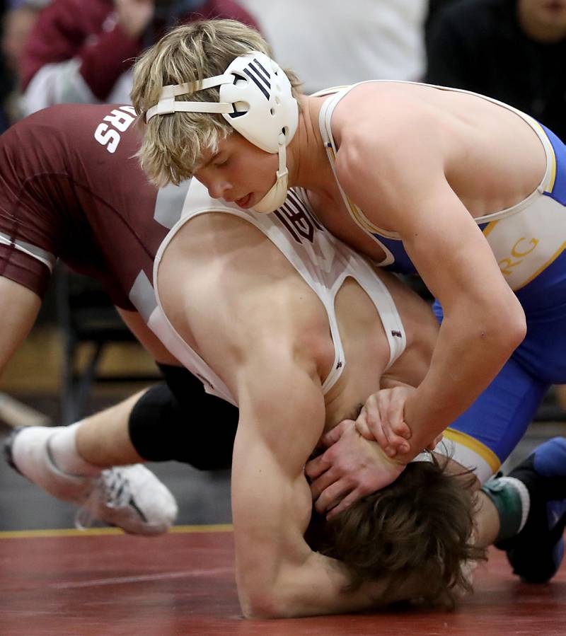 Johnsburg’s Tanner Hansen controls Wheaton Academy’s Joey Guidi during a 150-pound match in the Tom DuBois Invite wrestling meet on Saturday, Dec. 13, 2025, at Richmond-Burton High School in Richmond.