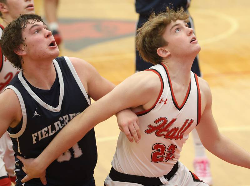 Hall's Ben Giachetto boxes out Fieldcrest's Drew Overocker during the Colmone Classic on Friday, Dec. 12, 2025 at Hall High School.