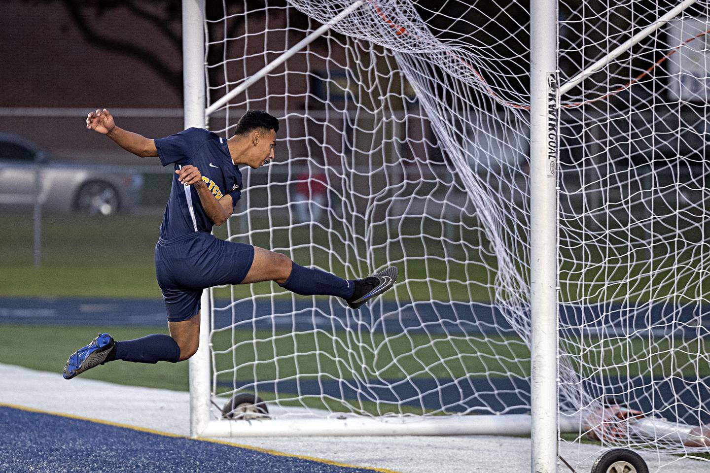 Sterling’s Felipe Sandoval hammers a kick into the goal for his third goal of the first half against Lasalle-Peru Tuesday, Oct. 17, 2023 in a regional semifinal in Sterling.