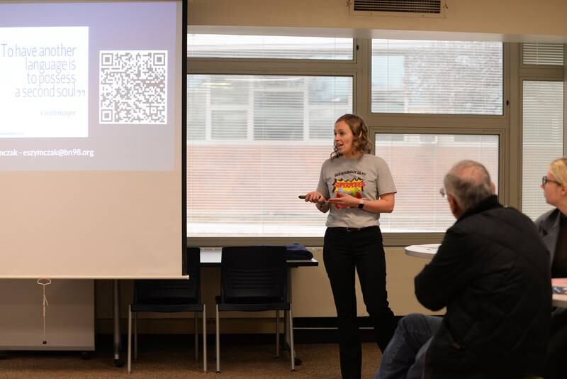 Instructional Specialist for Berwyn School District Emily Szymczak gives a presentation on the importance of language during the Building Inclusive Community Conference held at Lyons Township Saturday, Feb. 8, 2025.