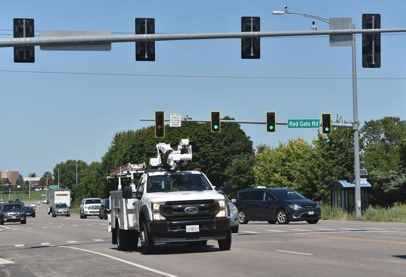 The intersection of Randall and Red Gate roads in unincorporated St. Charles allows motorists to make protected left turns on a green arrow and permits left turns on a flashing yellow, but motorists must yield to through traffic.