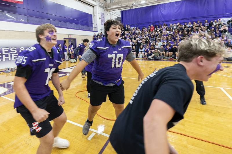 In an unprecedented display, the Dixon High School freshman class celebrates their tug-of-war win, besting both the senior and junior classes Friday, Sept. 27, 2024, at Dixon High School.