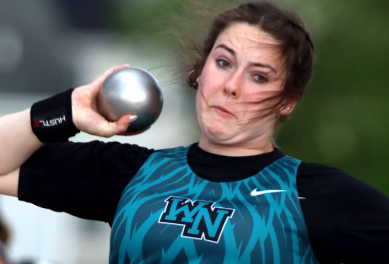 Woodstock North’s Brenna McConnell competes in the shot put in IHSA Class 2A Girls Sectional Track action at Genoa-Kingston School in Genoa on Friday, May 16, 2025.