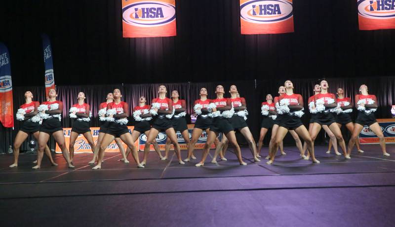 Members of the Maine South dance team perform during the IHSA State Dance competition on Saturday, Feb. 1, 2025 at Grossinger Motors Arena in Bloomington.