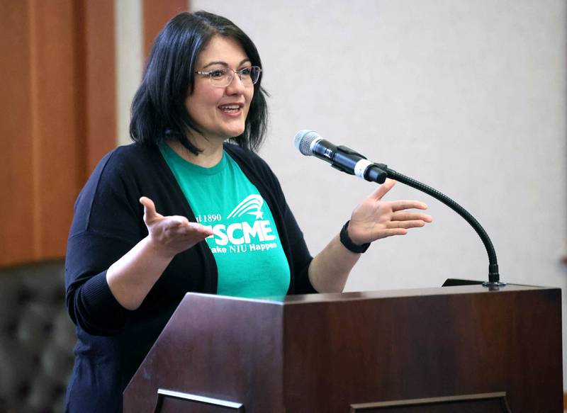 Martha Villagomez, a senior library specialist at Northern Illinois University, talks about the difficulties of living on her current salary Thursday, June 12, 2025, during the NIU Board of Trustees meeting in Altgeld Hall at NIU in DeKalb. NIU clerical, professional and administrative workers represented by the American Federation of State, County and Municipal Employees Local 1890 are asking for higher wages when their contract expires at the end of the month.
