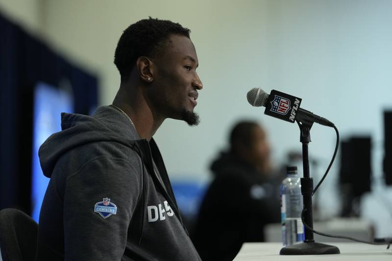Minnesota defensive back Tyler Nubin speaks during the NFL combine, Thursday, Feb. 29, 2024, in Indianapolis.