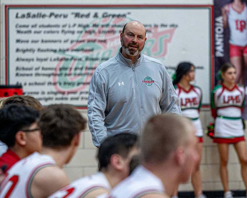 LaSalle-Peru Head Coach John Senica looks to bench as team trails the 29-0 Kaneland Knights on Friday, Feb. 20, 2026 in Sellett Gymnasium at L-P High School.