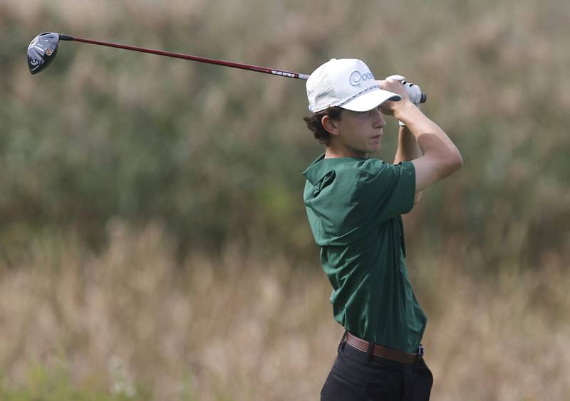 Crystal Lake South’s Zach Schuster watches his tee shot on the seventh hole during the IHSA Class 2A Crystal Lake South Boys Golf Regional on Wednesday, Oct. 1, 2025 at RedTail Golf Club in Lakewood.