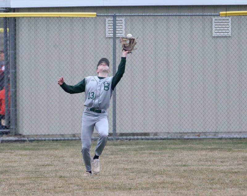 St. Bede's Alex Ankieicz makes a catch in left field against Ottawa on Wednesday, March 22, 2023 at Ottawa High School.