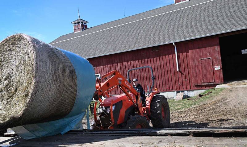 Cliff McConville unloads hay for dairy cows at his crate-free All Grass Farms in Kane County.