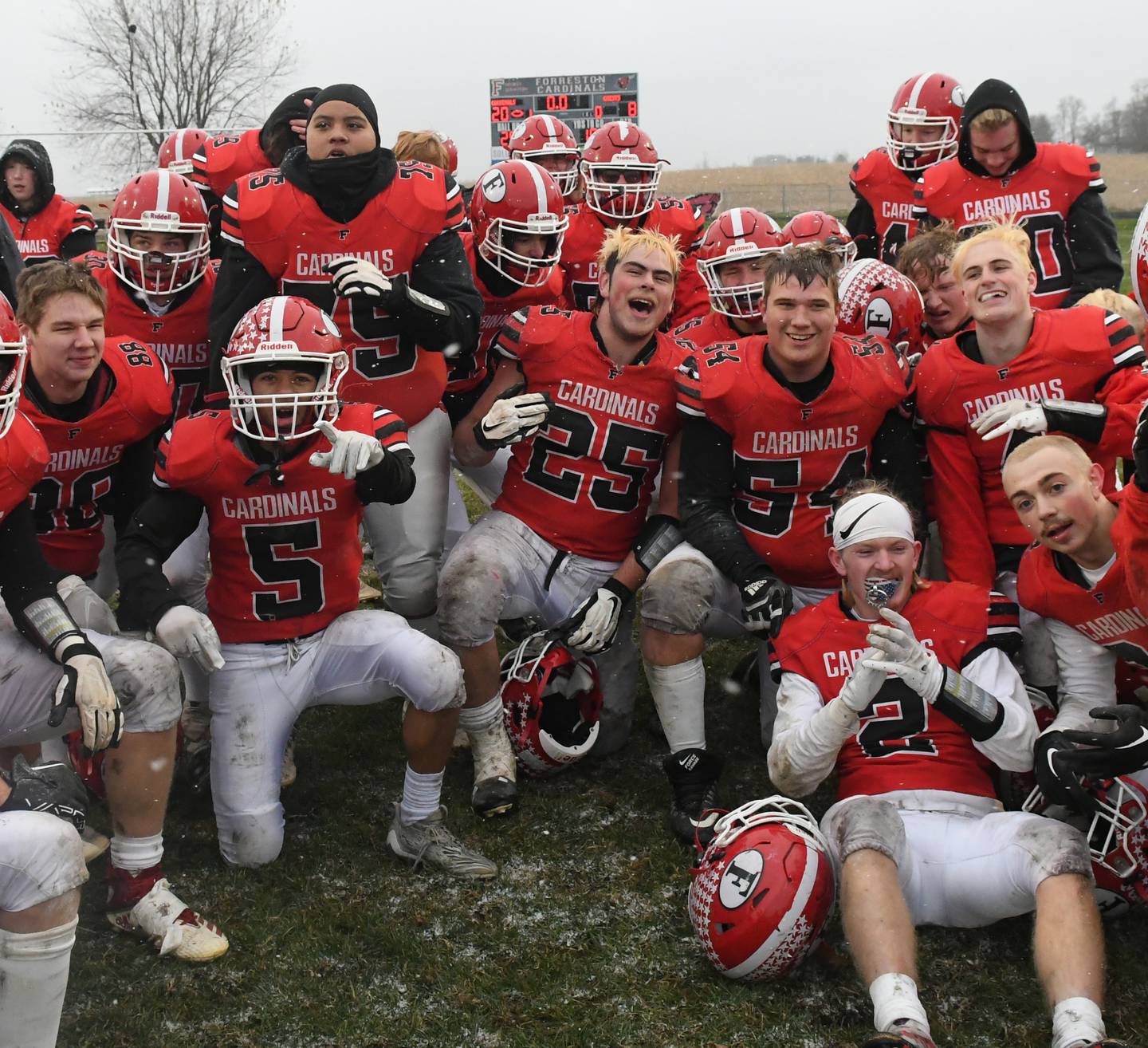 The Forreston Cardinals celebrate after beating Dakota 20-8 in 1A playoff action on Saturday, Nov. 12.