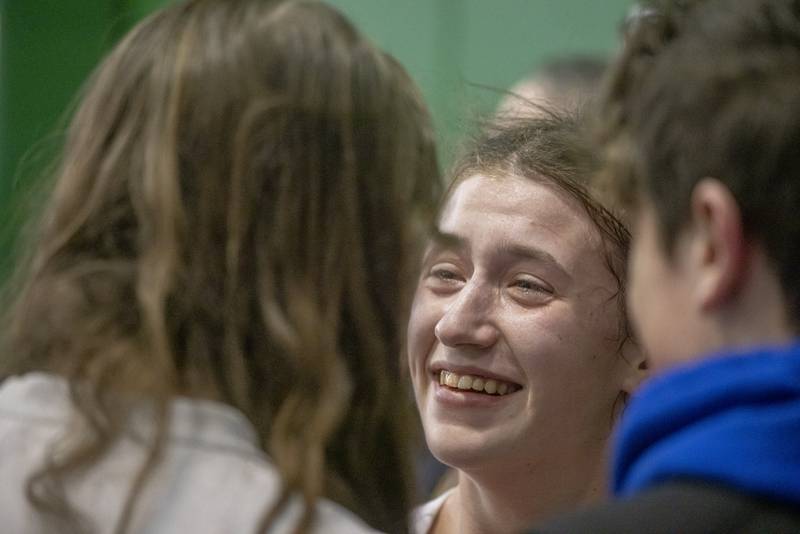 Tears of happiness flow from the eyes of Isabella Gibson of Princeton High School after defeating Dru Hyde of Macomb High School and earning her chance at IHSA girls wrestling state championship later this year.