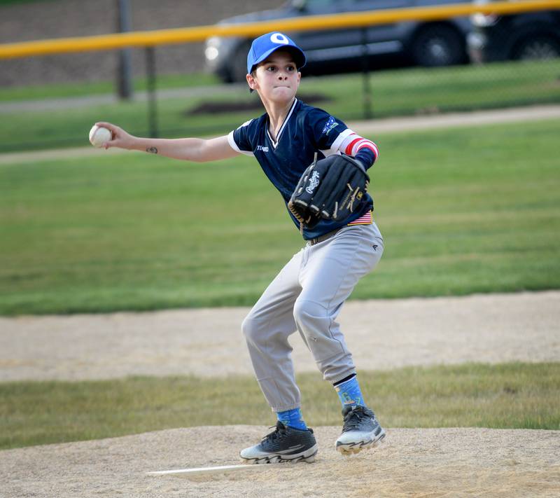 Jackson Harkness pitches during one of the games on the new baseball diamond at the Oregon Park District's Park East Inland Side recreation area on Monday, May 18, 2026.