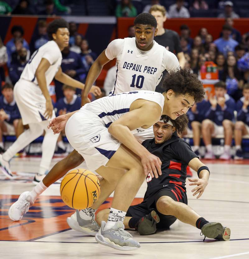 Benet's Jayden Wright (3) looses the ball as a DePaul College Prep player guards him during the IHSA Class 4A boys basketball state semifinal Friday, March 13, 2026 at the State Farm Center in Champaign.