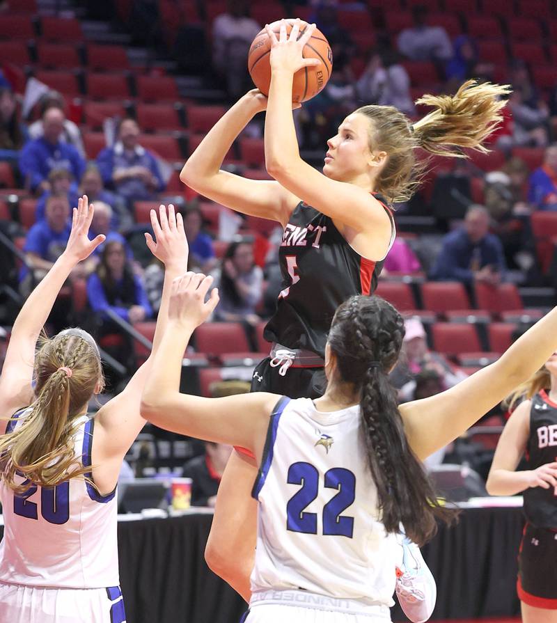 Benet's Lenee Beaumont shoots over Geneva's Caroline Madden during their Class 4A state semifinal game Friday, March 3, 2023, in CEFCU Arena at Illinois State University in Normal.