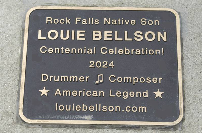 Plaque honoring Louie Bellson in Rock Falls. The Bellson Music fest was held on Saturday, June 7, 2025 at RB&W District Amphitheater in Rock Falls.
