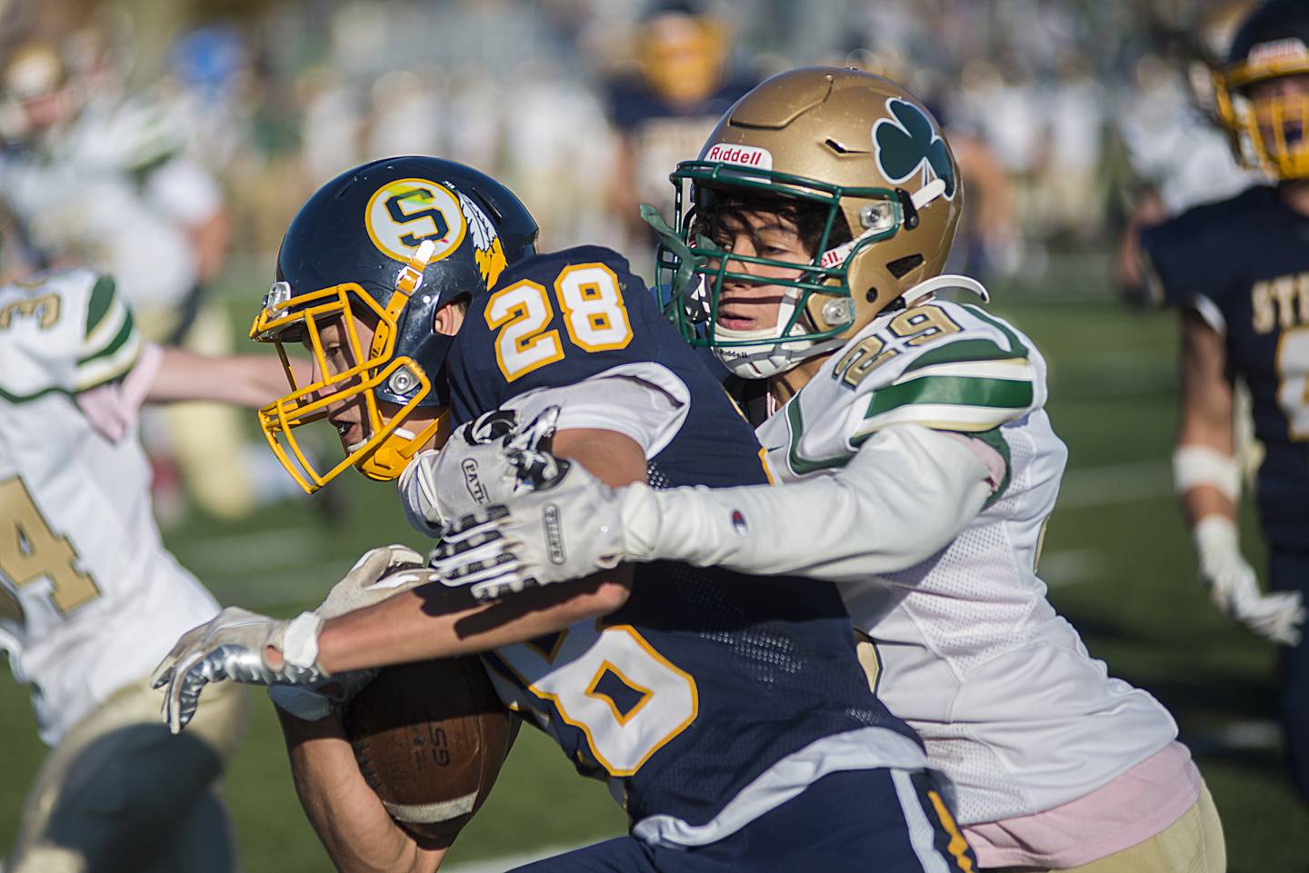 Sterling's Isaiah Mendoza is pulled down by St Patrick's Jonathan Espinosa Saturday, Oct. 30, 2021.