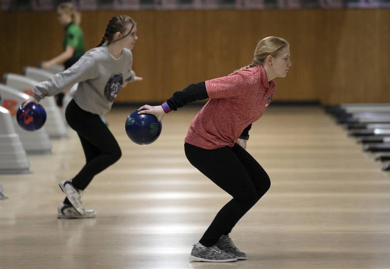 Erie-Prophetstown’s Lillian McWilliams eyes the pins Friday, Feb. 7, 2025, in the girls bowling regionals at Plum Hollow in Dixon.