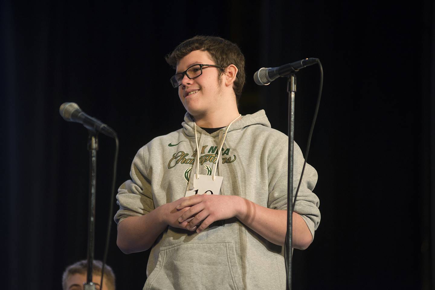 Wyatt Birkett of Meridian Jr. High competes in the Lee-Ogle-Whiteside Regional Spelling Bee Thursday, Feb. 24, 2022. Birkett made it to the top five but misspelled the word “valorous.”