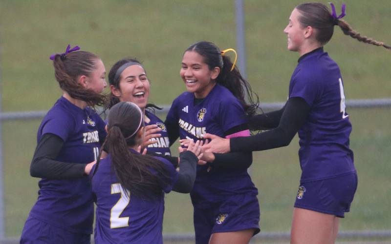Members of the Mendota girls soccer team react after scoring a goal against Princteon during the Class 1A Regional final game on Tuesday, May 20, 2025 at Mendota High School.